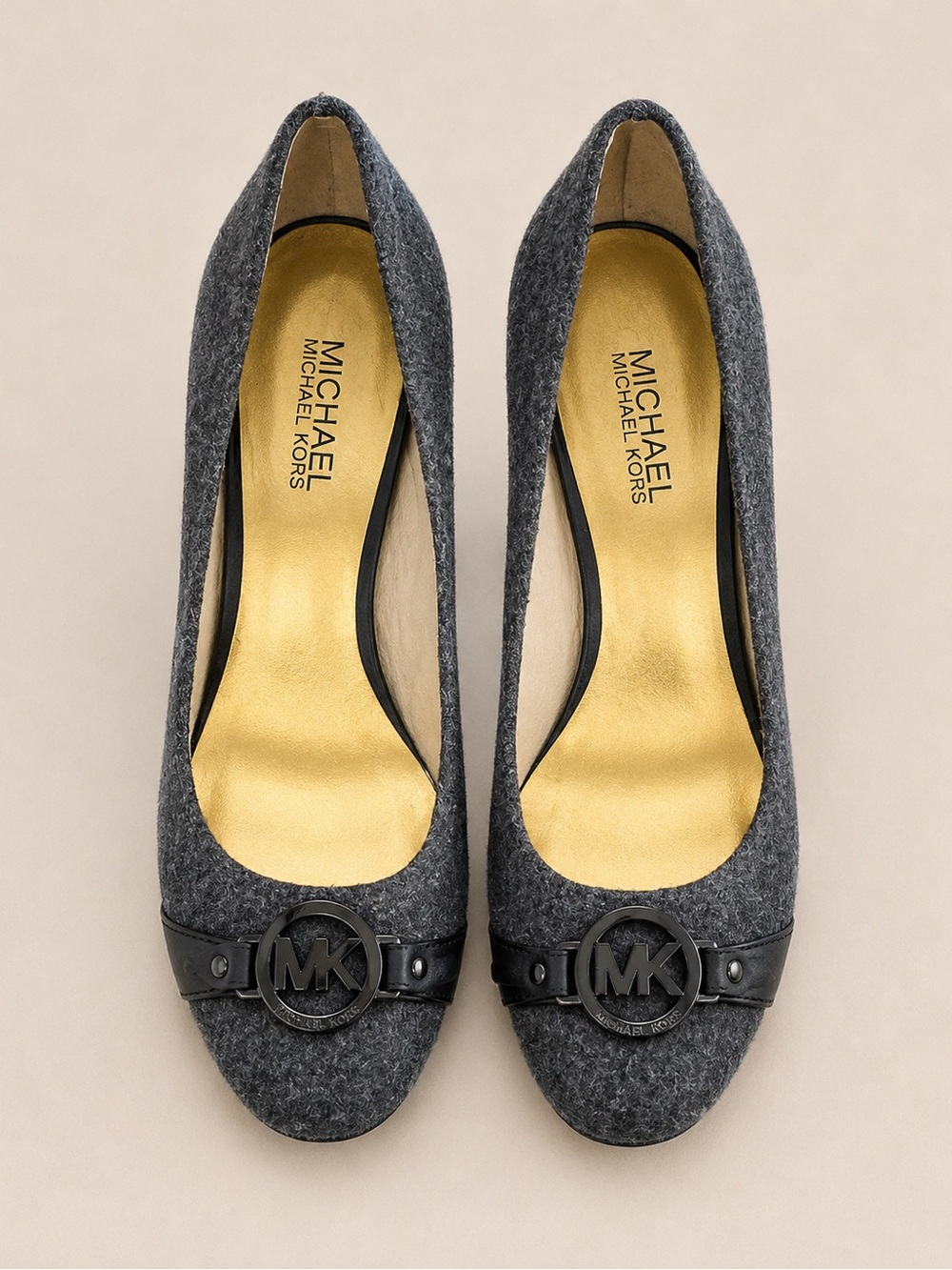 Michael Kors Gray Felt Logo Buckle Pumps